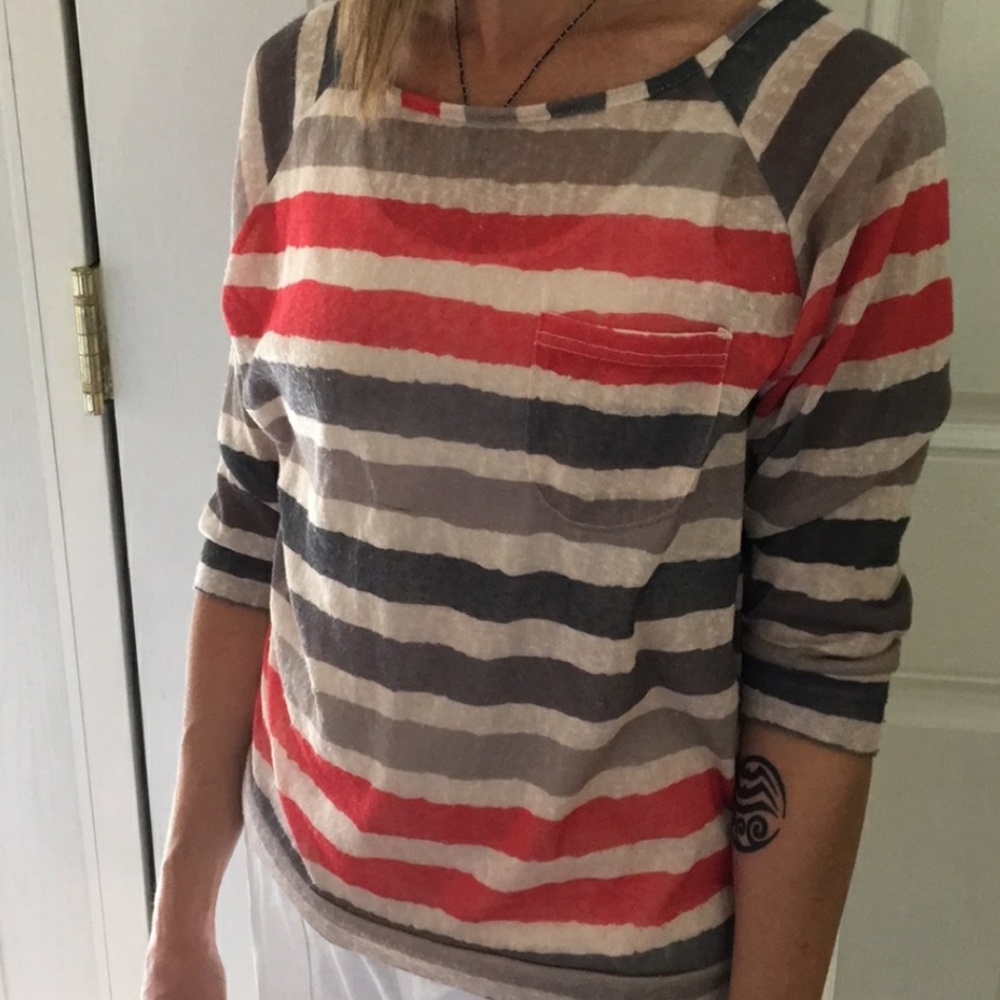 Forever 21 Coral Tan Gray Striped Pullover Linen Feel Top